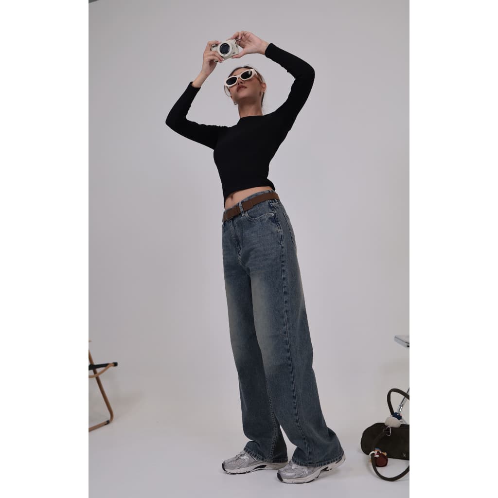 ยีนส์ Nammon Jeans NM19 กางเกงยีนส์กระบอกใหญ่เรียบ - ผ้าไม่ยืด - รูปที่ 3